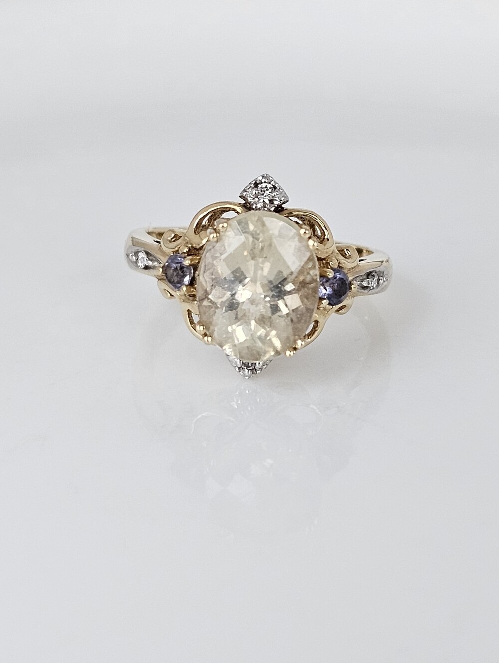 Rare Gems En Vogue Couture Amblygonite Tanzananite & Diamond Ring 14kt Size 6